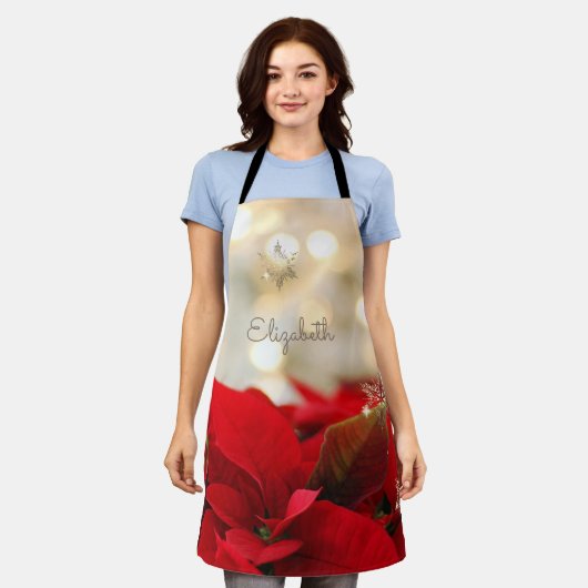 ポインセチア、輝く金ゴールドの雪パーソナライズされた- エプロン (着用した状態)