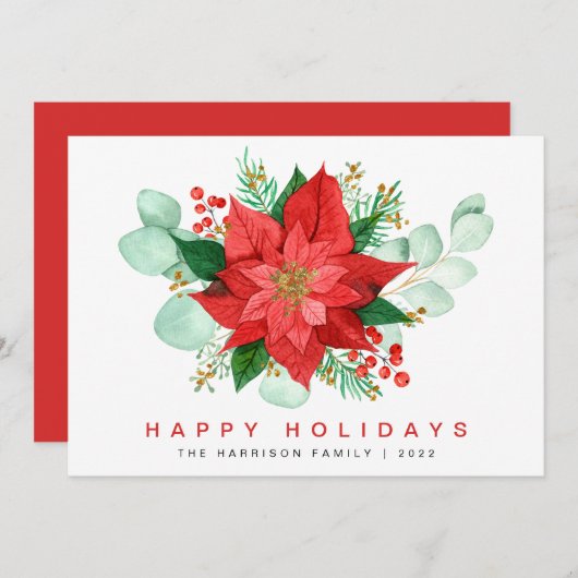 ポインセチアEucalyptus水彩クリスマス シーズンカード (正面/裏面)