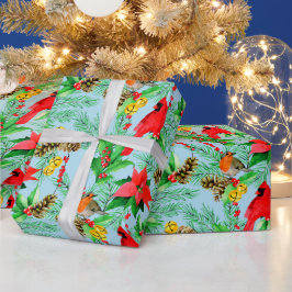 ポインセチアSpruceブランチCones Robin深紅色 ラッピングペーパー