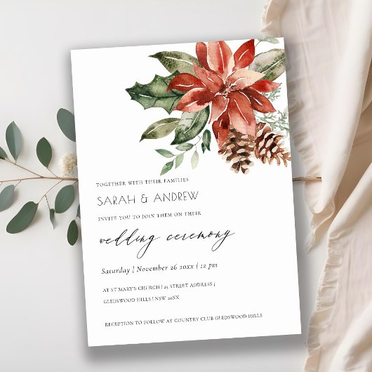 ポインセチエレガントアパインコーンウェディング招待 サンキューカード