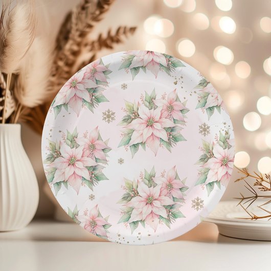 ポインセチピンク冬の金ゴールド雪の誕生日 ペーパープレート