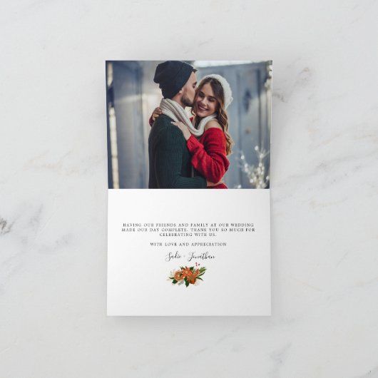 ポインセチモダンア柑橘系冬季ウェディングフォト サンキューカード (内部)
