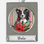 ポインセチ縁どア付き水彩色コリー シルバープレートバナーオーナメント (正面)