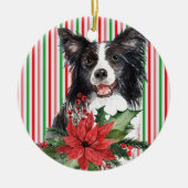 ポインセチ縁どア付き水彩色コリー セラミックオーナメント (正面)