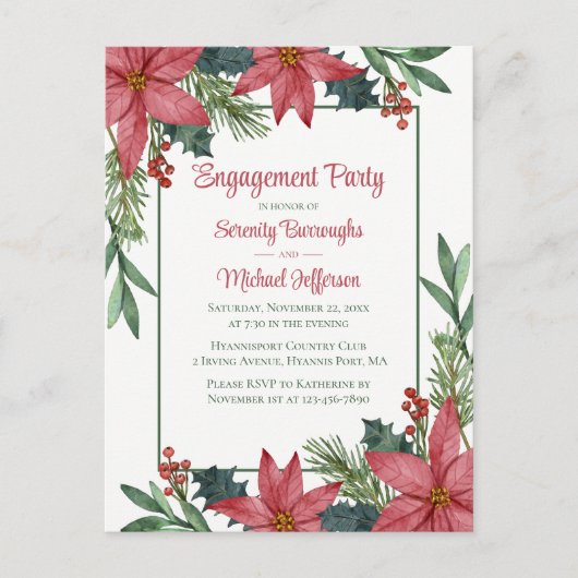 ポインセツィアレッドフローラクリスマス婚約パーティ インビテーションポストカード (正面)