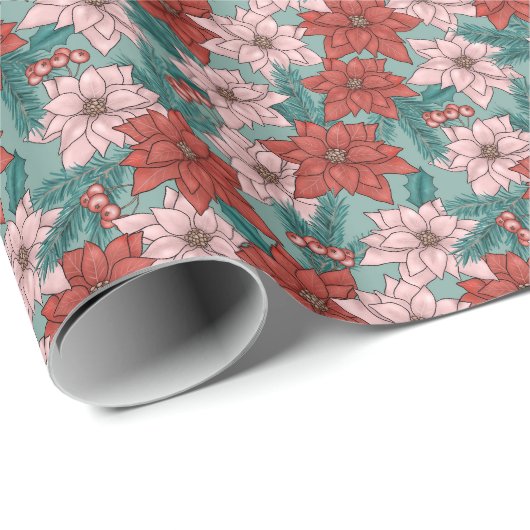 ポインセテかわいらしチアス花柄クリスマス ラッピングペーパー (ロールコーナー)