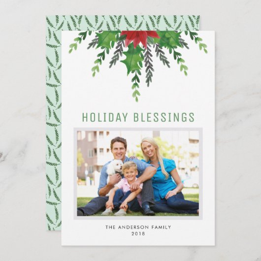 ポインセティアとホリー |フォトクリスマスカード シーズンカード (正面/裏面)