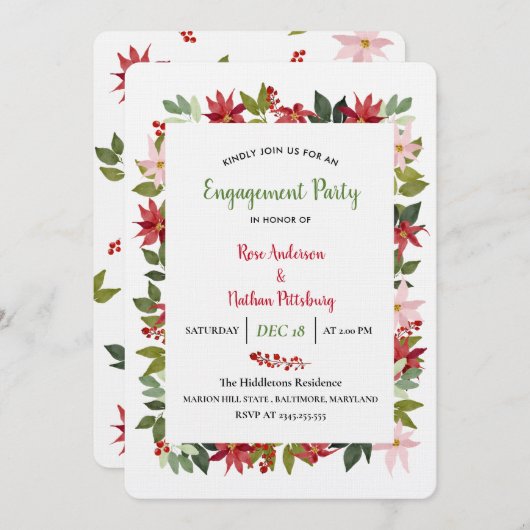 ポインセティアウォーターカラークリスマス婚約パーティ 招待状 (正面/裏面)
