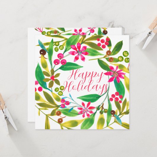 ポインセティアウォーターカラーリースホリデイ鮮やか カード (正面/裏面インサイチュ)