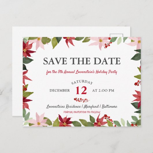ポインセティアクリスマスホリデーパーティー |日付を保存 案内ポストカード (正面/裏面)