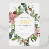 ポインセティアグリーナリーリースホリデーパーティー金ゴールド 箔招待状 (正面)