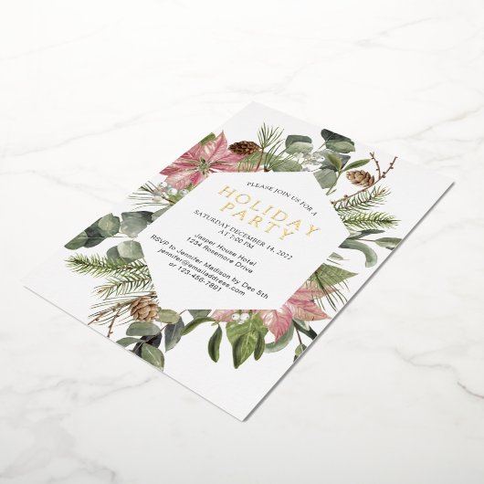 ポインセティアグリーナリーリースホリデーパーティー金ゴールド 箔招待状 (回転した状態)
