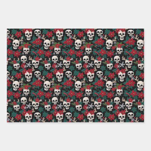 ポインセティアスとクリスマススカルを切り抜く ラッピングペーパーシート (正面3)