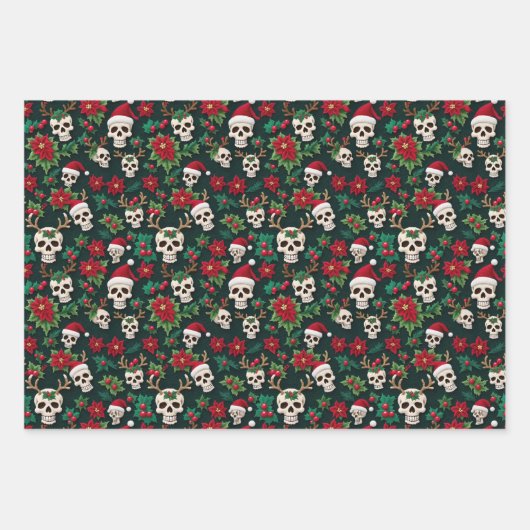 ポインセティアスとクリスマススカルを切り抜く ラッピングペーパーシート (正面2)