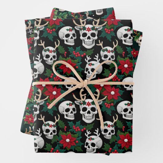 ポインセティアスとクリスマススカルを切り抜く ラッピングペーパーシート (インサイチュ)