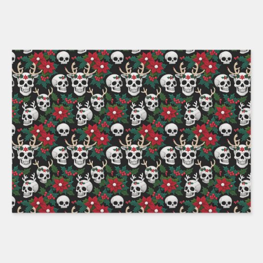 ポインセティアスとクリスマススカルを切り抜く ラッピングペーパーシート (正面)