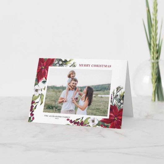 ポインセティアスとモミ葉ーズメリークリスマスフォト シーズンカード (正面)