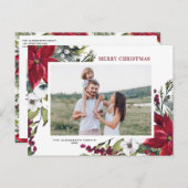 ポインセティアスとモミ葉ーズメリークリスマスフォト シーズンポストカード (正面/裏面)