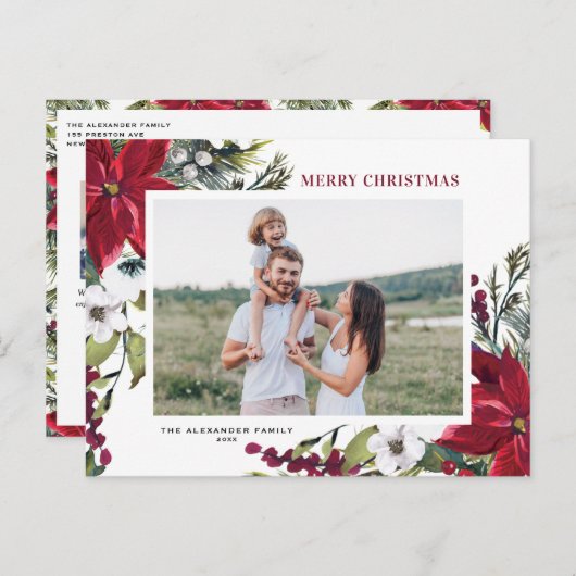 ポインセティアスとモミ葉ーズメリークリスマスフォト シーズンポストカード (正面/裏面)