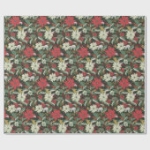 ポインセティアスの鳥とリボン – 濃い緑 ラッピングペーパー (フラット)
