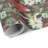 ポインセティアスの鳥とリボン – 濃い緑 ラッピングペーパー (ロールコーナー)