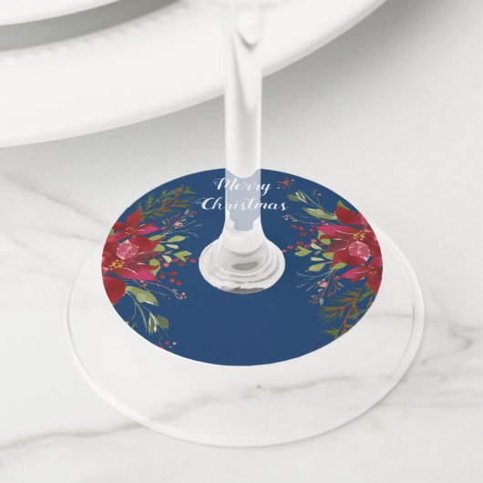 ポインセティアスクリスマスパーティーネイビーブルー名 ワイングラスタグ (クローズアップ)