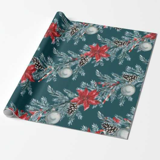 ポインセティアスクリスマスブルースススプルチェガーランドティール（緑がかった色） ラッピングペーパー (アンロールド)