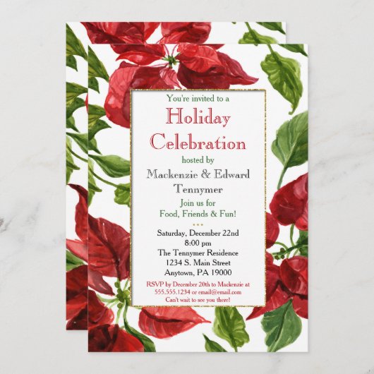 ポインセティアスクリスマスホリデーパーティー招待状 招待状 (正面/裏面)