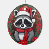 ポインセティアスサンタハット付きクリスマスラクーン セラミックオーナメント (左)