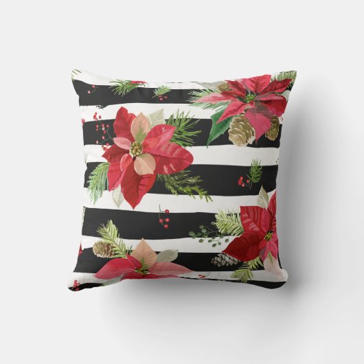 ポインセティアス黒白ストライプ枕4 クッション (裏面)