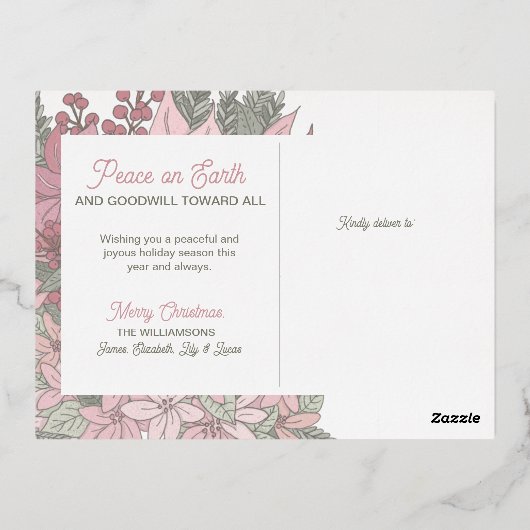 ポインセティアス・クリスマスの平和ウサギ 箔シーズンポストカード (裏面)