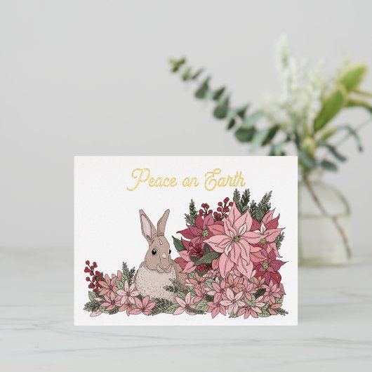 ポインセティアス・クリスマスの平和ウサギ 箔シーズンポストカード (立ち正面)