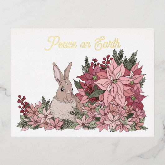 ポインセティアス・クリスマスの平和ウサギ 箔シーズンポストカード (正面)