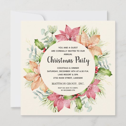 ポインセティアス&パインリースクリスマス招待状 (正面)