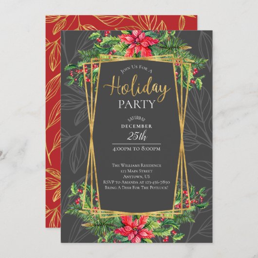 ポインセティアス&ホリーレッドグレーホリデーパーティー 招待状 (正面/裏面)