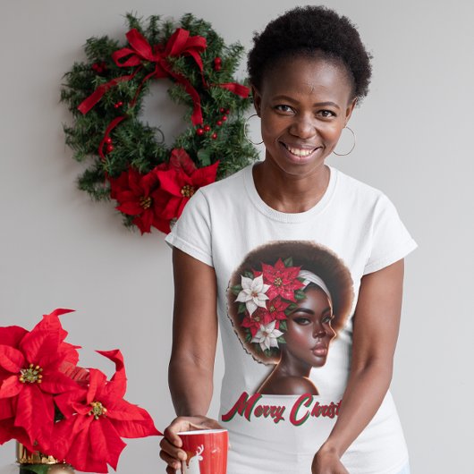 ポインセティアスTシャツを着たアフリカ系アメリカ人の女王 トライブレンドＴシャツ