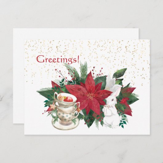 ポインセティアティーカップスウサギのクリスマス ポストカード (正面/裏面)