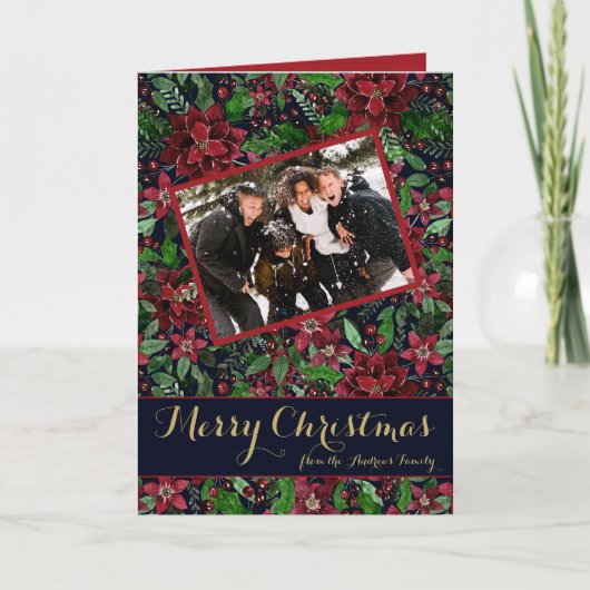 ポインセティアフローラウォーターカラーフォトクリスマス シーズンカード (正面)