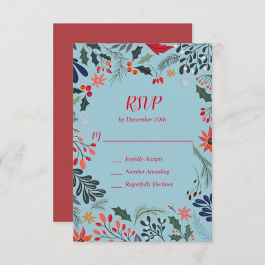 ポインセティアベリー葉ズホリデークリスマス 出欠カード (正面/裏面)