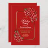 ポインセティアホリデーパーティ縁ど金ゴールドレッド 招待状 (正面/裏面)