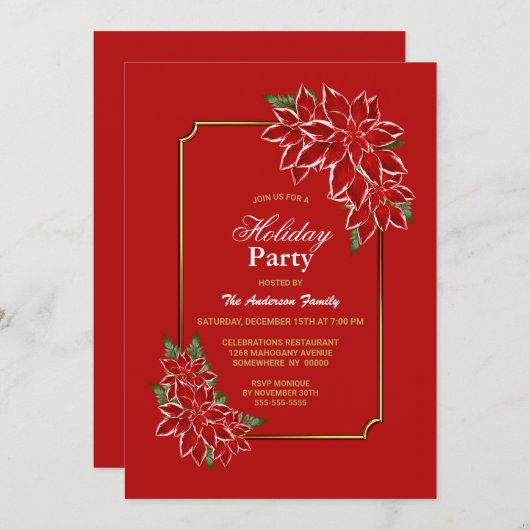 ポインセティアホリデーパーティ縁ど金ゴールドレッド 招待状 (正面/裏面)