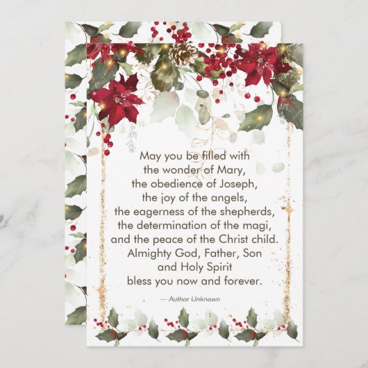 ポインセティアホリークリスマス祈りの言葉ホリデーカード シーズンカード (正面/裏面)