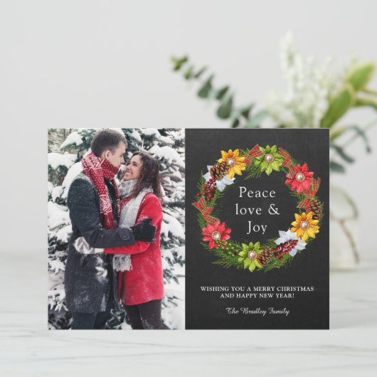 ポインセティアホリーベリーリースクリスマスフォト シーズンカード (スタンド正面)