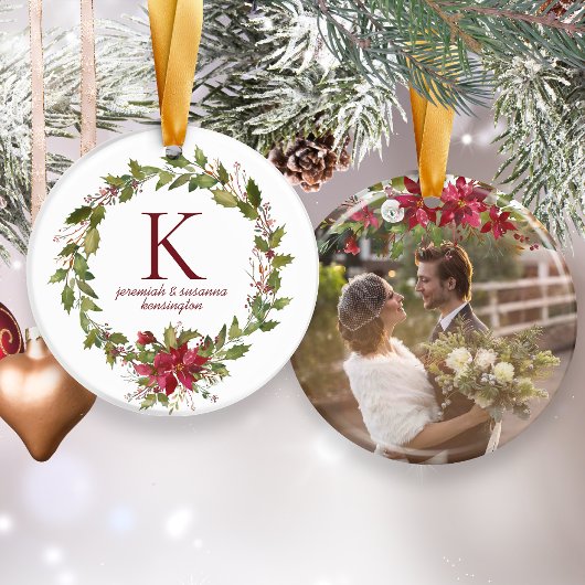 ポインセティアホリーモノグラムホリディフォト セラミックオーナメント