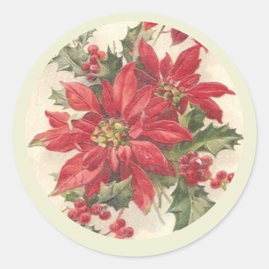 ポインセティアホリーヴィンテージクリスマスホリデーシール ラウンドシール (正面)