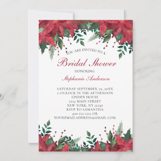 ポインセティアレッドウィンタークリスマスブライダルシャワー 招待状 (正面)