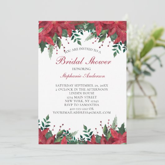 ポインセティアレッドウィンタークリスマスブライダルシャワー 招待状 (スタンド正面)