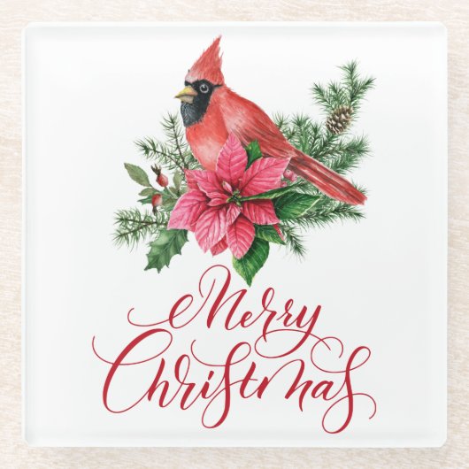 ポインセティアレッド（鳥）ショウジョウコウカンチョウクリスマスホリデー ガラスコースター (正面)