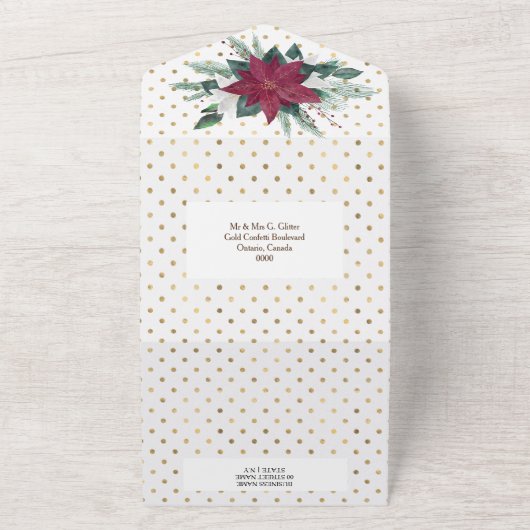 ポインセティア赤金ゴールドホワイトパーティ編集可能 オールインワン招待状 (外側)