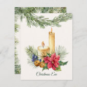 ポインセティア，ろうそく，松，鐘，クリスマスイブ シーズンカード (正面/裏面)